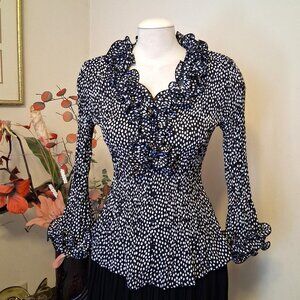 NWOT NESS Women’s Luxury Ruffle Pleated Blouse Polka Dots Button Down Shirt 10